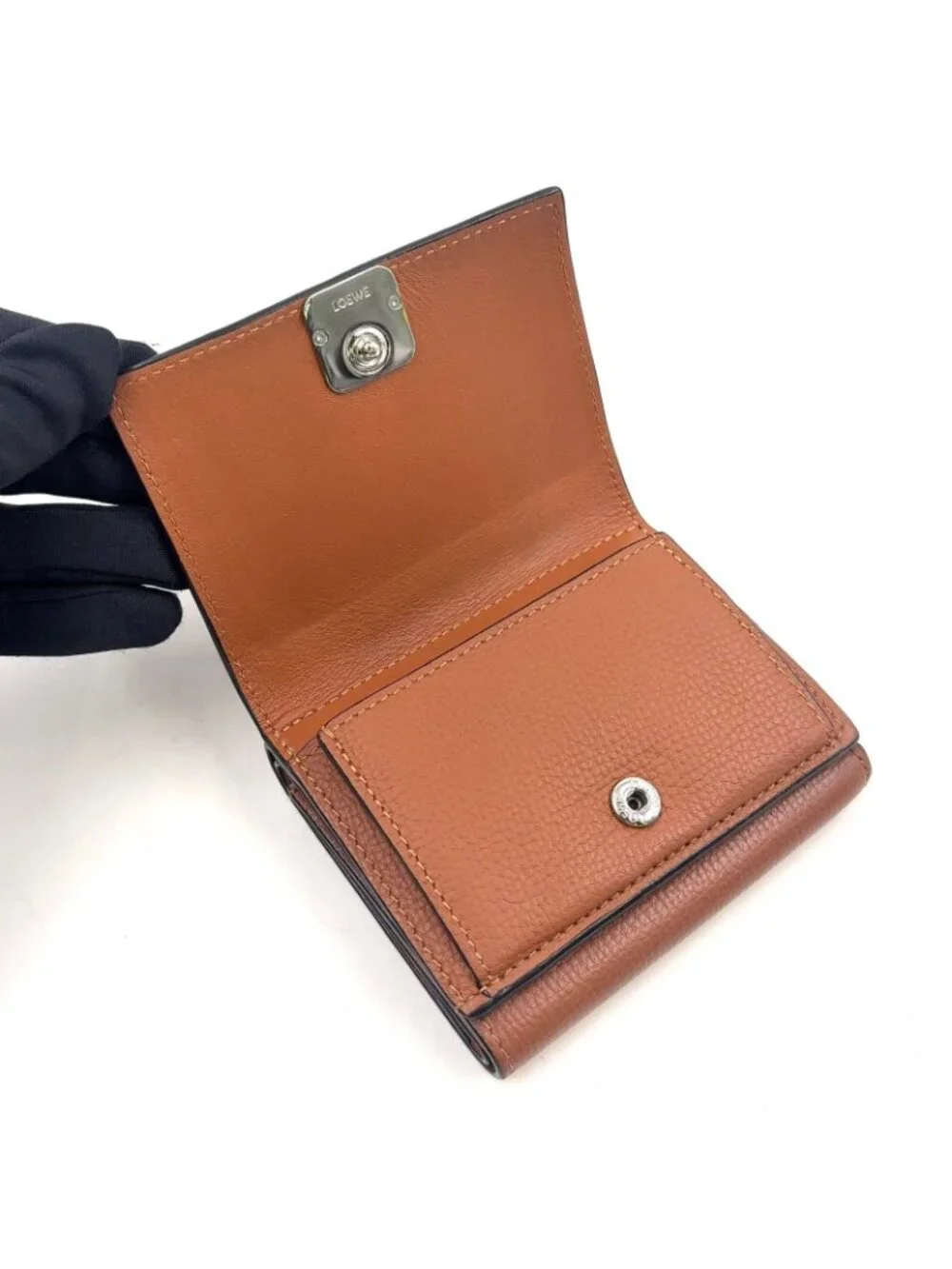 Loewe Anagram Trifold Wallet Compact Leather Brown Silver